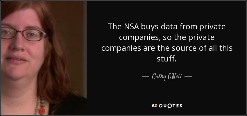 The NSA buys data from private companies, so the private companies are the source of all this stuff. - Cathy O'Neil