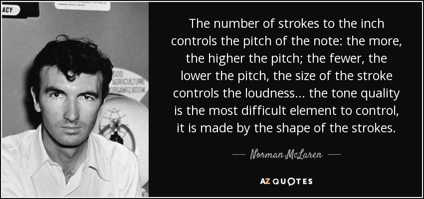 The number of strokes to the inch controls the pitch of the note: the more, the higher the pitch; the fewer, the lower the pitch, the size of the stroke controls the loudness... the tone quality is the most difficult element to control, it is made by the shape of the strokes. - Norman McLaren