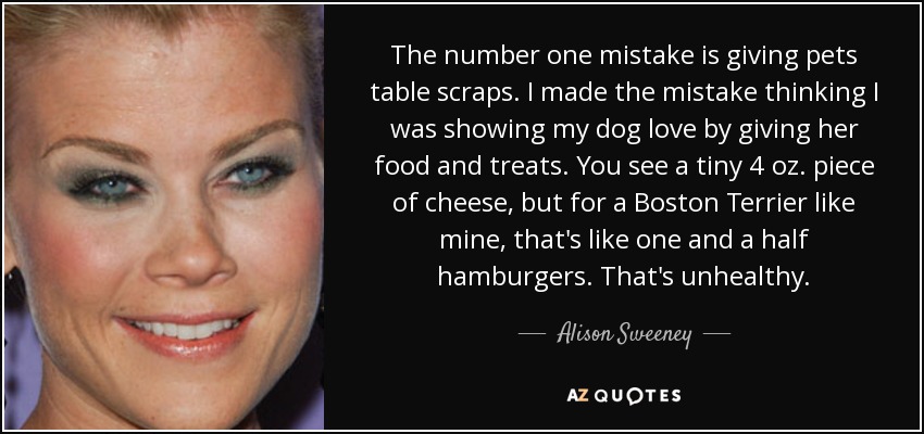 The number one mistake is giving pets table scraps. I made the mistake thinking I was showing my dog love by giving her food and treats. You see a tiny 4 oz. piece of cheese, but for a Boston Terrier like mine, that's like one and a half hamburgers. That's unhealthy. - Alison Sweeney