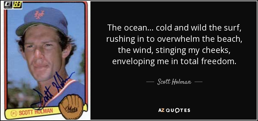 The ocean . . . cold and wild the surf, rushing in to overwhelm 	the beach, the wind, stinging my cheeks, enveloping me 	in total freedom. - Scott Holman