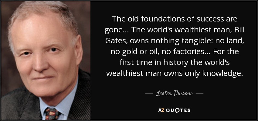 The old foundations of success are gone ... The world's wealthiest man, Bill Gates, owns nothing tangible: no land, no gold or oil, no factories ... For the first time in history the world's wealthiest man owns only knowledge. - Lester Thurow