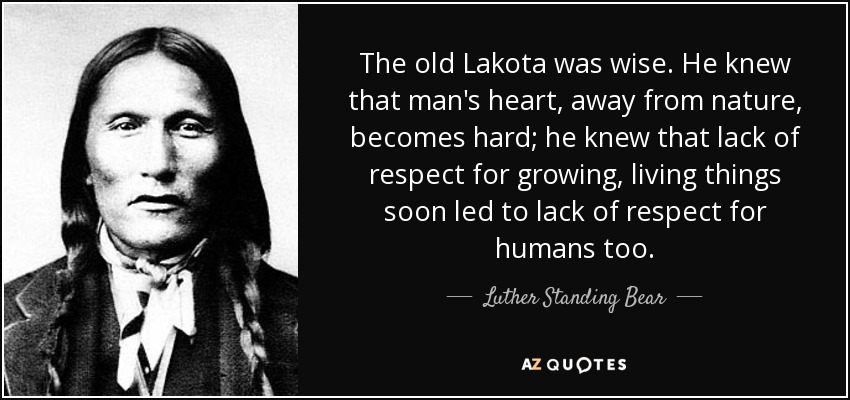 The old Lakota was wise. He knew that man's heart, away from nature, becomes hard; he knew that lack of respect for growing, living things soon led to lack of respect for humans too. - Luther Standing Bear