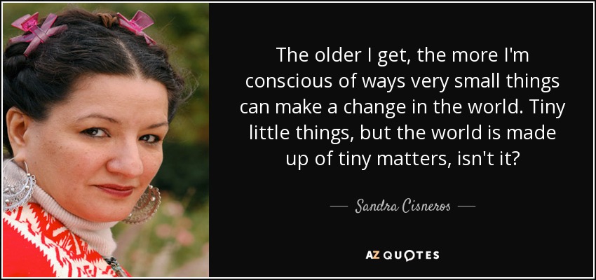 The older I get, the more I'm conscious of ways very small things can make a change in the world. Tiny little things, but the world is made up of tiny matters, isn't it? - Sandra Cisneros