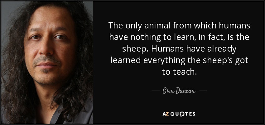 The only animal from which humans have nothing to learn, in fact, is the sheep. Humans have already learned everything the sheep's got to teach. - Glen Duncan