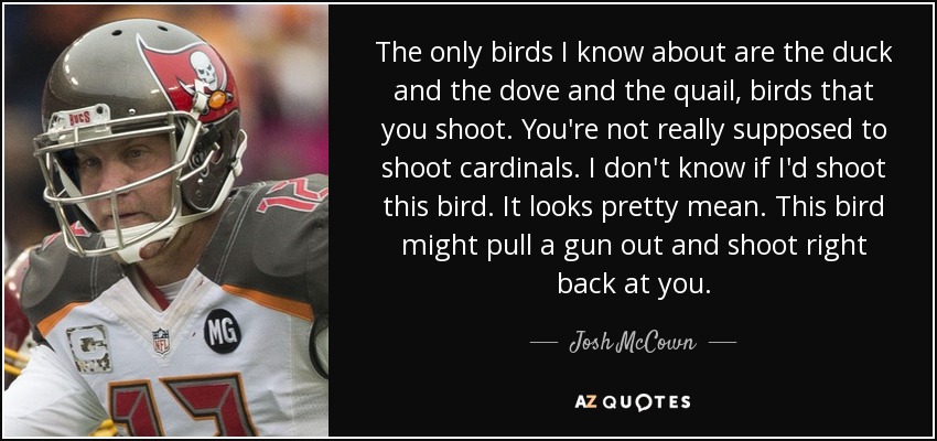 The only birds I know about are the duck and the dove and the quail, birds that you shoot. You're not really supposed to shoot cardinals. I don't know if I'd shoot this bird. It looks pretty mean. This bird might pull a gun out and shoot right back at you. - Josh McCown