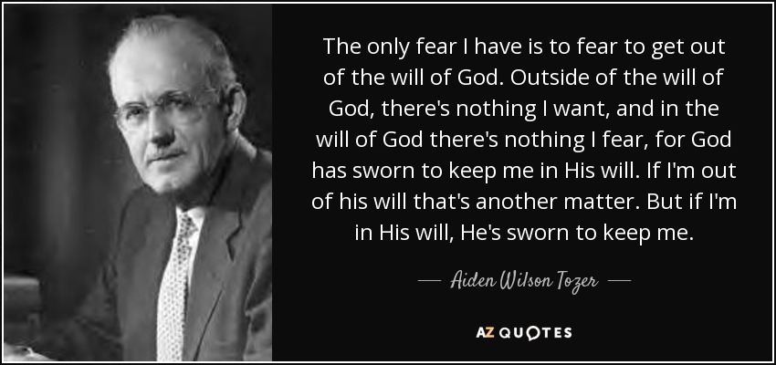 The only fear I have is to fear to get out of the will of God. Outside of the will of God, there's nothing I want, and in the will of God there's nothing I fear, for God has sworn to keep me in His will. If I'm out of his will that's another matter. But if I'm in His will, He's sworn to keep me. - Aiden Wilson Tozer