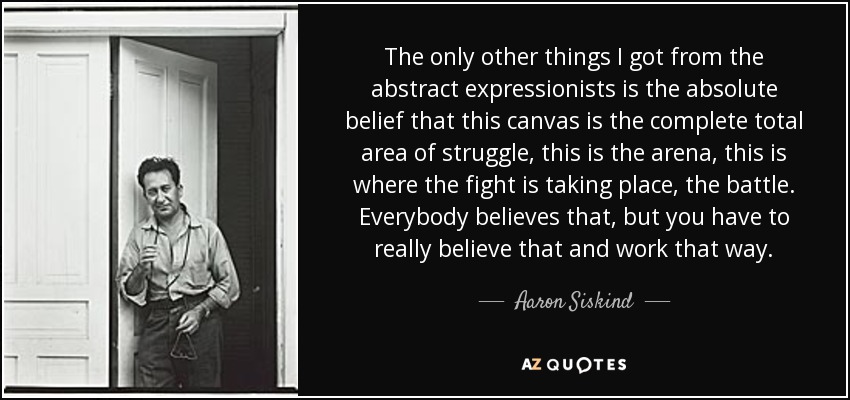 The only other things I got from the abstract expressionists is the absolute belief that this canvas is the complete total area of struggle, this is the arena, this is where the fight is taking place, the battle. Everybody believes that, but you have to really believe that and work that way. - Aaron Siskind