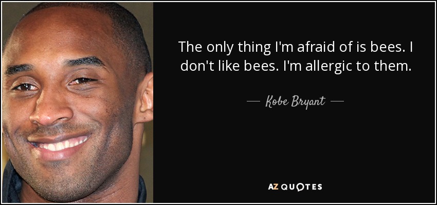 The only thing I'm afraid of is bees. I don't like bees. I'm allergic to them. - Kobe Bryant