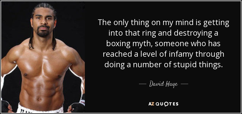 The only thing on my mind is getting into that ring and destroying a boxing myth, someone who has reached a level of infamy through doing a number of stupid things. - David Haye