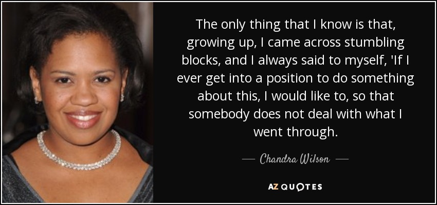 The only thing that I know is that, growing up, I came across stumbling blocks, and I always said to myself, 'If I ever get into a position to do something about this, I would like to, so that somebody does not deal with what I went through. - Chandra Wilson