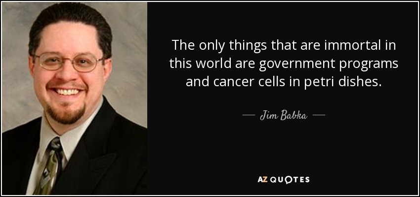 The only things that are immortal in this world are government programs and cancer cells in petri dishes. - Jim Babka
