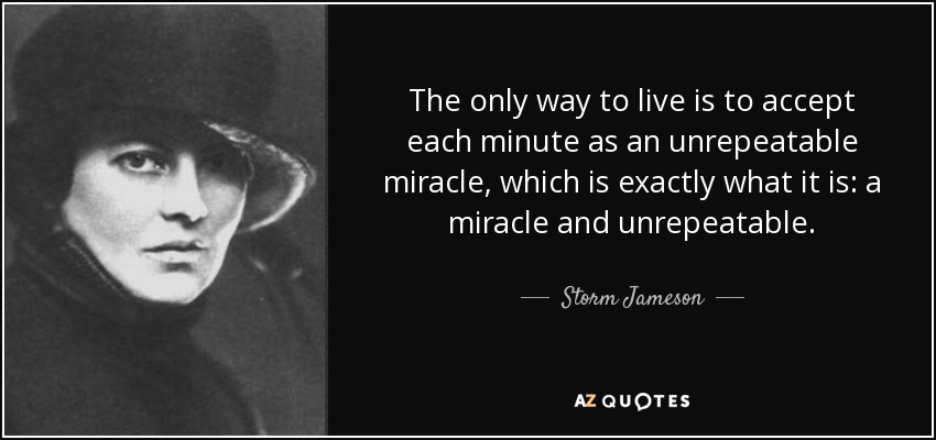 The only way to live is to accept each minute as an unrepeatable miracle, which is exactly what it is: a miracle and unrepeatable. - Storm Jameson