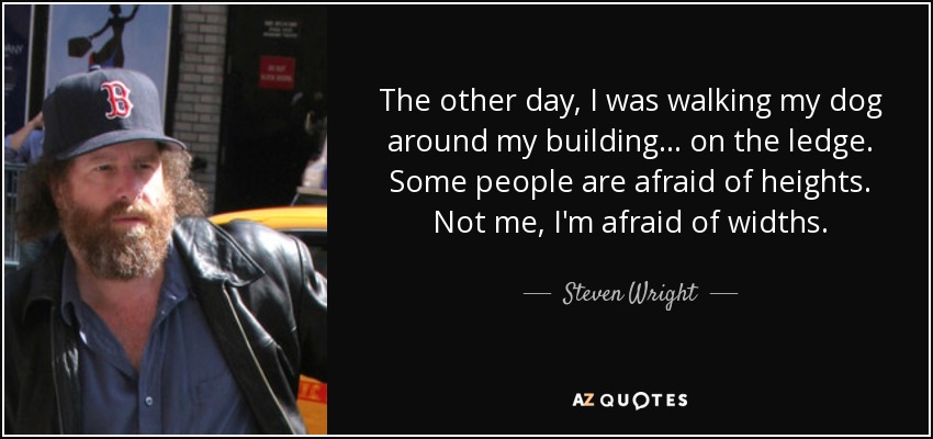 The other day, I was walking my dog around my building . . . on the ledge. Some people are afraid of heights. Not me, I'm afraid of widths. - Steven Wright