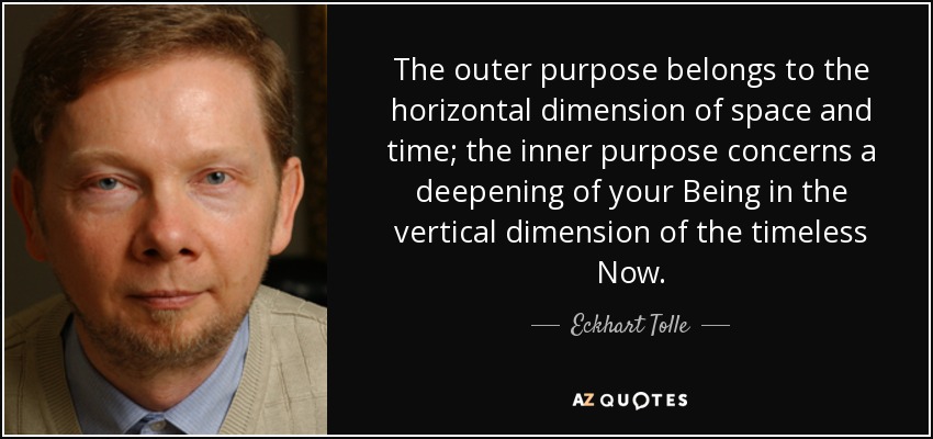 The outer purpose belongs to the horizontal dimension of space and time; the inner purpose concerns a deepening of your Being in the vertical dimension of the timeless Now. - Eckhart Tolle