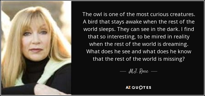 The owl is one of the most curious creatures. A bird that stays awake when the rest of the world sleeps. They can see in the dark. I find that so interesting, to be mired in reality when the rest of the world is dreaming. What does he see and what does he know that the rest of the world is missing? - M.J. Rose