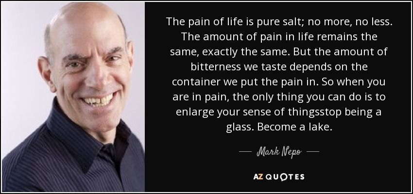 The pain of life is pure salt; no more, no less. The amount of pain in life remains the same, exactly the same. But the amount of bitterness we taste depends on the container we put the pain in. So when you are in pain, the only thing you can do is to enlarge your sense of thingsstop being a glass. Become a lake. - Mark Nepo