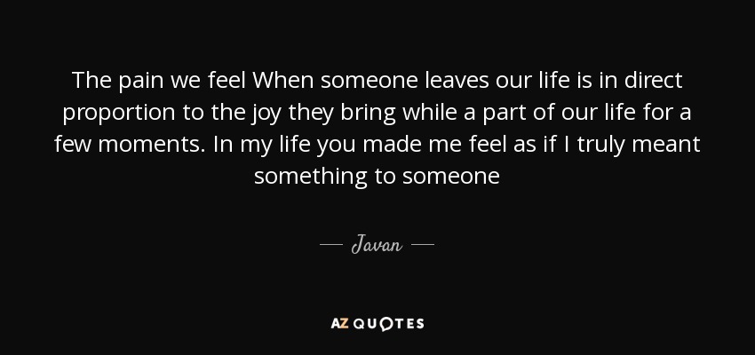 The pain we feel When someone leaves our life is in direct proportion to the joy they bring while a part of our life for a few moments. In my life you made me feel as if I truly meant something to someone - Javan