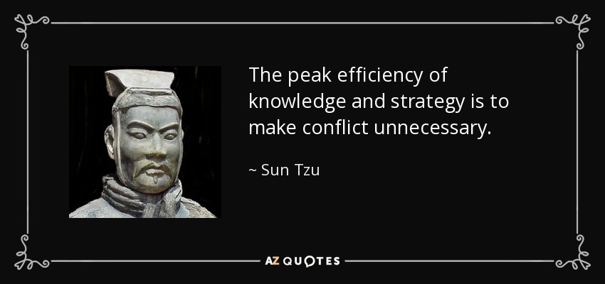 The peak efficiency of knowledge and strategy is to make conflict unnecessary. - Sun Tzu