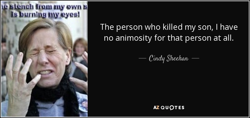 The person who killed my son, I have no animosity for that person at all. - Cindy Sheehan