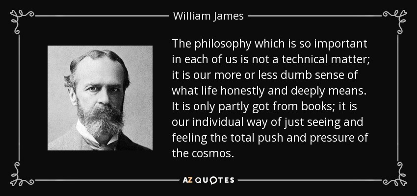 The philosophy which is so important in each of us is not a technical matter; it is our more or less dumb sense of what life honestly and deeply means. It is only partly got from books; it is our individual way of just seeing and feeling the total push and pressure of the cosmos. - William James