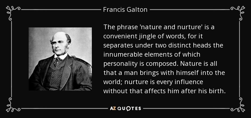 The phrase 'nature and nurture' is a convenient jingle of words, for it separates under two distinct heads the innumerable elements of which personality is composed. Nature is all that a man brings with himself into the world; nurture is every influence without that affects him after his birth. - Francis Galton