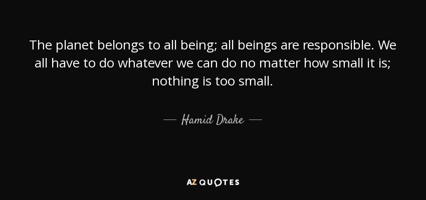 The planet belongs to all being; all beings are responsible. We all have to do whatever we can do no matter how small it is; nothing is too small. - Hamid Drake