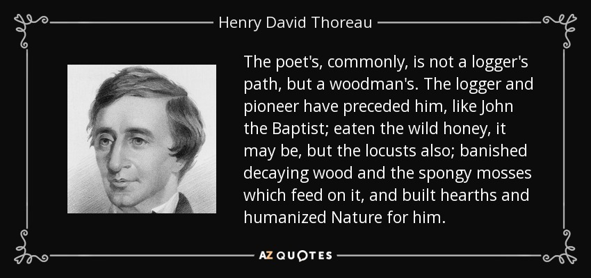 The poet's, commonly, is not a logger's path, but a woodman's. The logger and pioneer have preceded him, like John the Baptist; eaten the wild honey, it may be, but the locusts also; banished decaying wood and the spongy mosses which feed on it, and built hearths and humanized Nature for him. - Henry David Thoreau