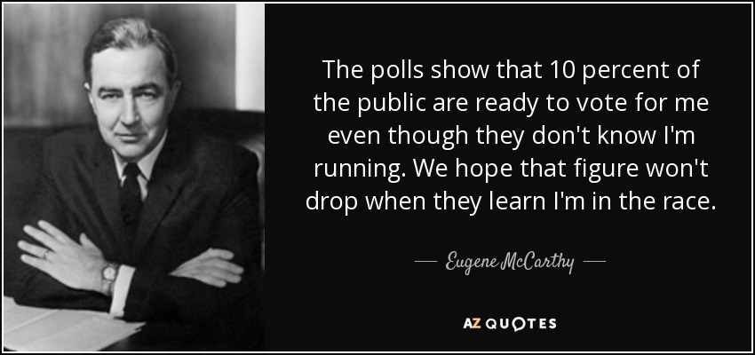 The polls show that 10 percent of the public are ready to vote for me even though they don't know I'm running. We hope that figure won't drop when they learn I'm in the race. - Eugene McCarthy