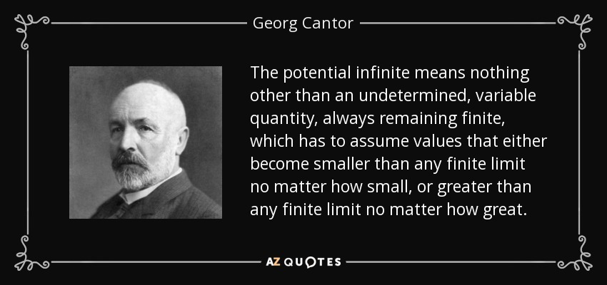 The potential infinite means nothing other than an undetermined, variable quantity, always remaining finite, which has to assume values that either become smaller than any finite limit no matter how small, or greater than any finite limit no matter how great. - Georg Cantor