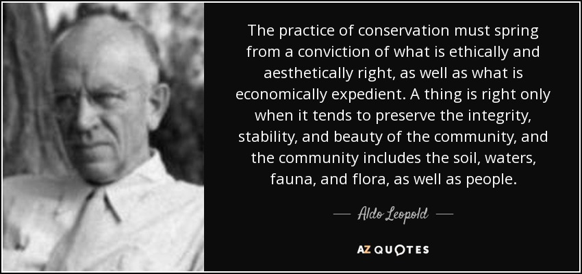 The practice of conservation must spring from a conviction of what is ethically and aesthetically right, as well as what is economically expedient. A thing is right only when it tends to preserve the integrity, stability, and beauty of the community, and the community includes the soil, waters, fauna, and flora, as well as people. - Aldo Leopold