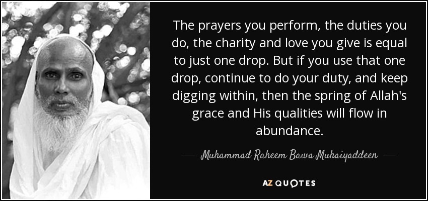 The prayers you perform, the duties you do, the charity and love you give is equal to just one drop. But if you use that one drop, continue to do your duty, and keep digging within, then the spring of Allah's grace and His qualities will flow in abundance. - Muhammad Raheem Bawa Muhaiyaddeen