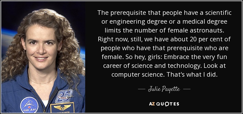 The prerequisite that people have a scientific or engineering degree or a medical degree limits the number of female astronauts. Right now, still, we have about 20 per cent of people who have that prerequisite who are female. So hey, girls: Embrace the very fun career of science and technology. Look at computer science. That's what I did. - Julie Payette