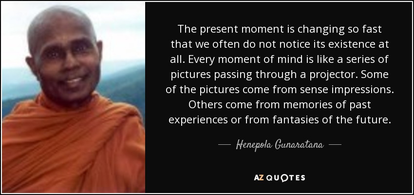 The present moment is changing so fast that we often do not notice its existence at all. Every moment of mind is like a series of pictures passing through a projector. Some of the pictures come from sense impressions. Others come from memories of past experiences or from fantasies of the future. - Henepola Gunaratana