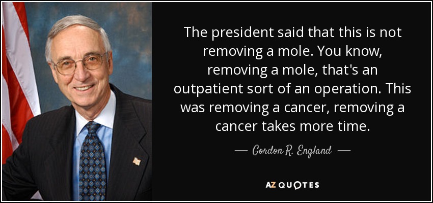 The president said that this is not removing a mole. You know, removing a mole, that's an outpatient sort of an operation. This was removing a cancer, removing a cancer takes more time. - Gordon R. England
