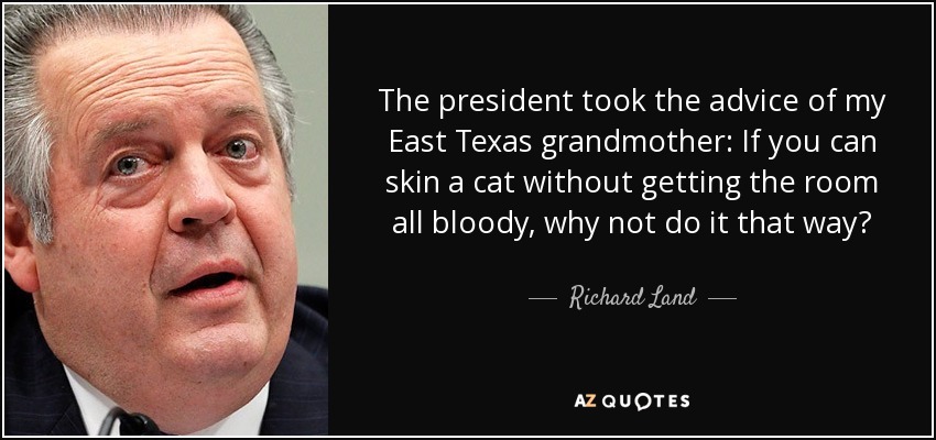 The president took the advice of my East Texas grandmother: If you can skin a cat without getting the room all bloody, why not do it that way? - Richard Land