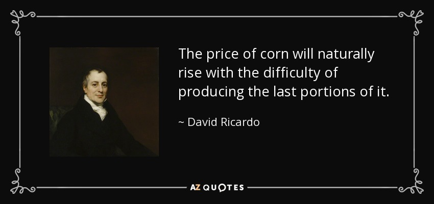 The price of corn will naturally rise with the difficulty of producing the last portions of it. - David Ricardo