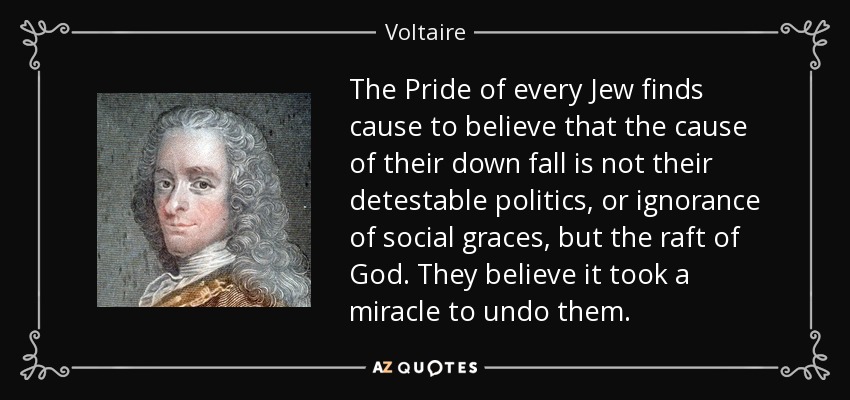 The Pride of every Jew finds cause to believe that the cause of their down fall is not their detestable politics, or ignorance of social graces, but the raft of God. They believe it took a miracle to undo them. - Voltaire
