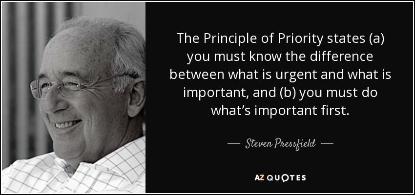 The Principle of Priority states (a) you must know the difference between what is urgent and what is important, and (b) you must do what’s important first. - Steven Pressfield