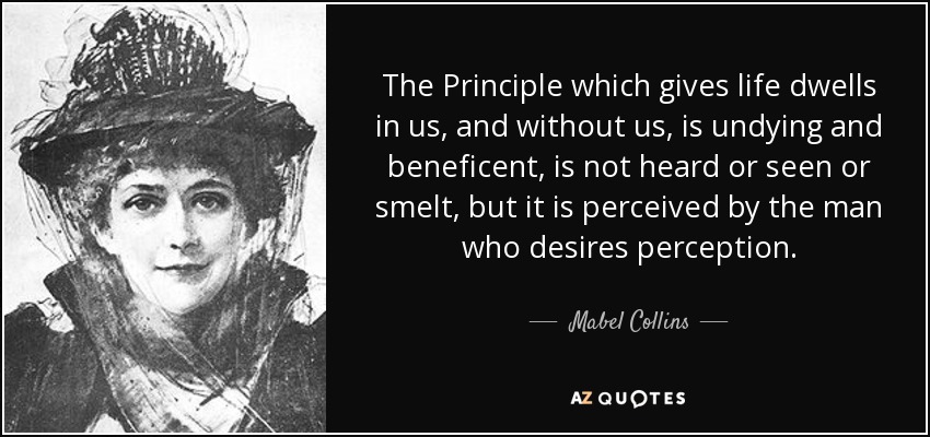 The Principle which gives life dwells in us, and without us, is undying and beneficent, is not heard or seen or smelt, but it is perceived by the man who desires perception. - Mabel Collins