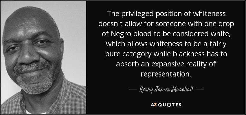 The privileged position of whiteness doesn't allow for someone with one drop of Negro blood to be considered white, which allows whiteness to be a fairly pure category while blackness has to absorb an expansive reality of representation. - Kerry James Marshall