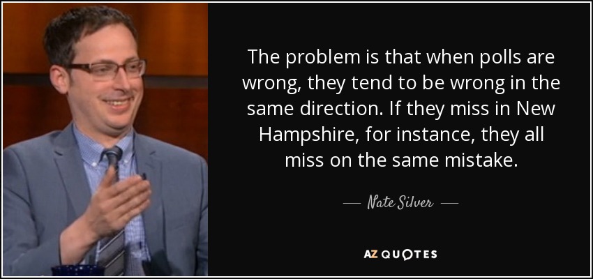 The problem is that when polls are wrong, they tend to be wrong in the same direction. If they miss in New Hampshire, for instance, they all miss on the same mistake. - Nate Silver