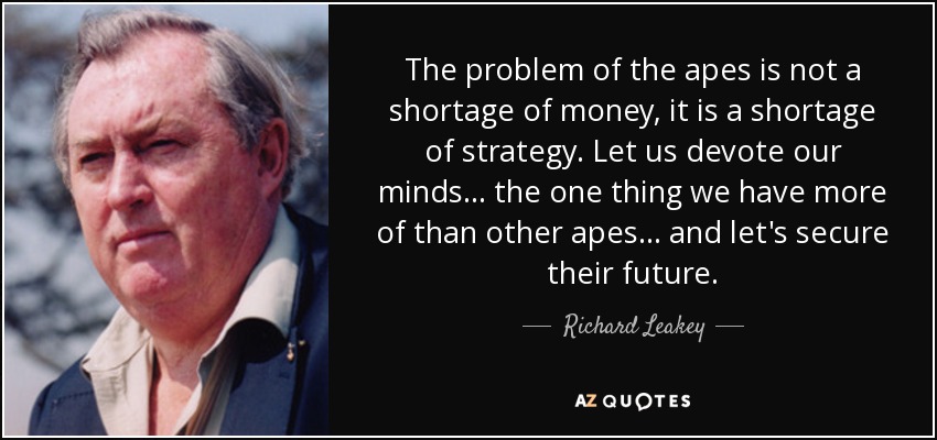 The problem of the apes is not a shortage of money, it is a shortage of strategy. Let us devote our minds... the one thing we have more of than other apes... and let's secure their future. - Richard Leakey