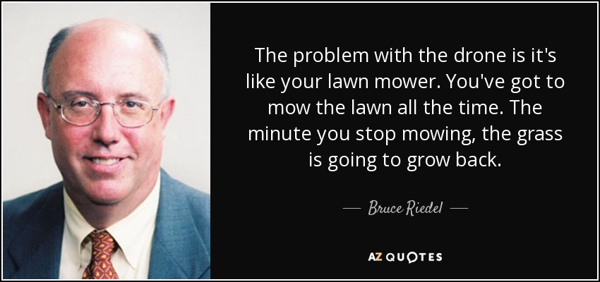 The problem with the drone is it's like your lawn mower. You've got to mow the lawn all the time. The minute you stop mowing, the grass is going to grow back. - Bruce Riedel