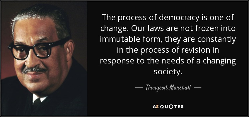 The process of democracy is one of change. Our laws are not frozen into immutable form, they are constantly in the process of revision in response to the needs of a changing society. - Thurgood Marshall