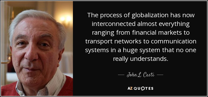 The process of globalization has now interconnected almost everything ranging from financial markets to transport networks to communication systems in a huge system that no one really understands. - John L. Casti
