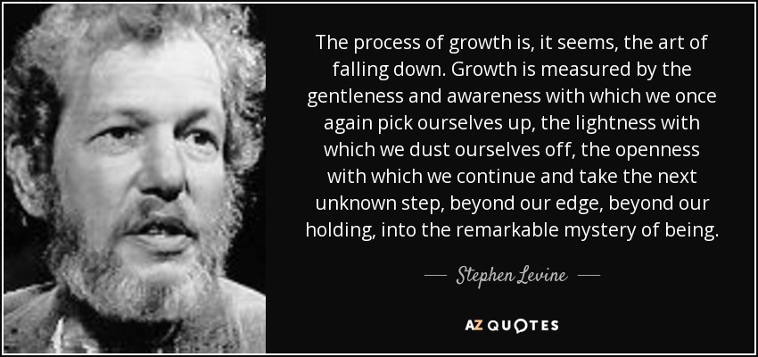 The process of growth is, it seems, the art of falling down. Growth is measured by the gentleness and awareness with which we once again pick ourselves up, the lightness with which we dust ourselves off, the openness with which we continue and take the next unknown step, beyond our edge, beyond our holding, into the remarkable mystery of being. - Stephen Levine