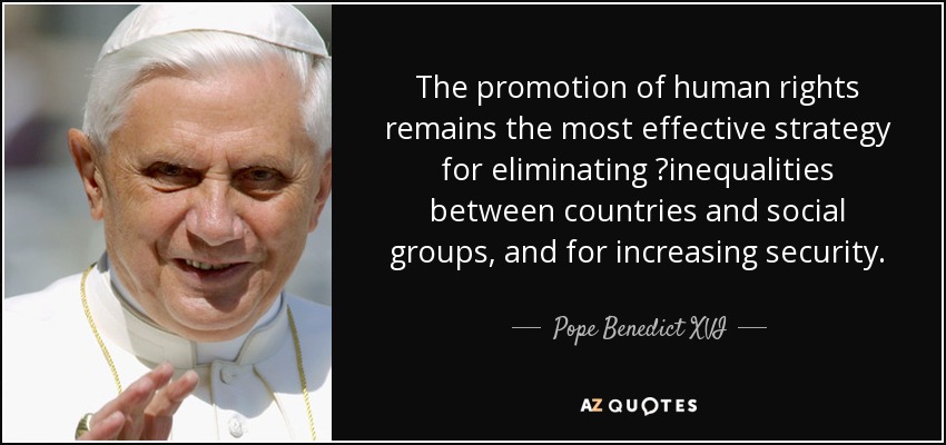 The promotion of human rights remains the most effective strategy for eliminating 	inequalities between countries and social groups, and for increasing security. - Pope Benedict XVI