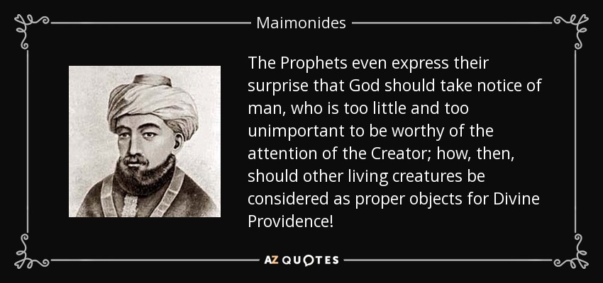 The Prophets even express their surprise that God should take notice of man, who is too little and too unimportant to be worthy of the attention of the Creator; how, then, should other living creatures be considered as proper objects for Divine Providence! - Maimonides