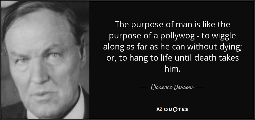 The purpose of man is like the purpose of a pollywog - to wiggle along as far as he can without dying; or, to hang to life until death takes him. - Clarence Darrow