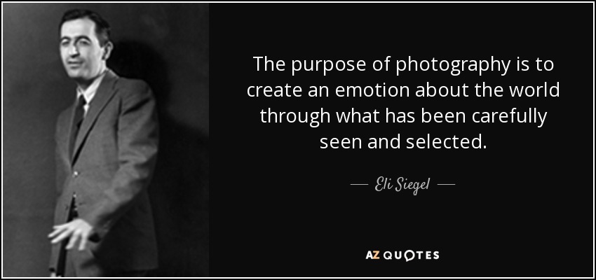 The purpose of photography is to create an emotion about the world through what has been carefully seen and selected. - Eli Siegel